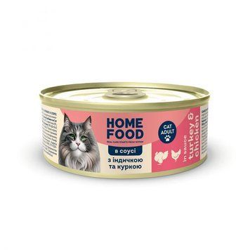 Консервований корм Home Food для дорослих котів з індичкою і куркою в соусі (85г) 4820290091986 фото