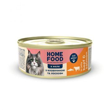 Консервований корм Home Food для дорослих кішок з яловичиною і лососем в желе (85г) 4820290091948 фото