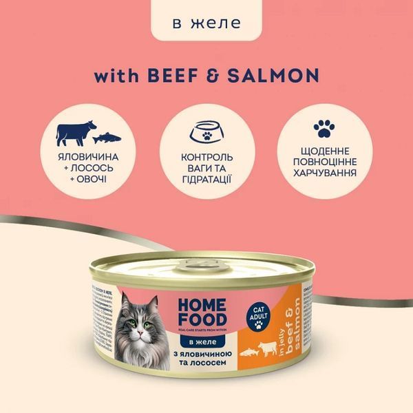 Консервований корм Home Food для дорослих кішок з яловичиною і лососем в желе (85г) 4820290091948 фото