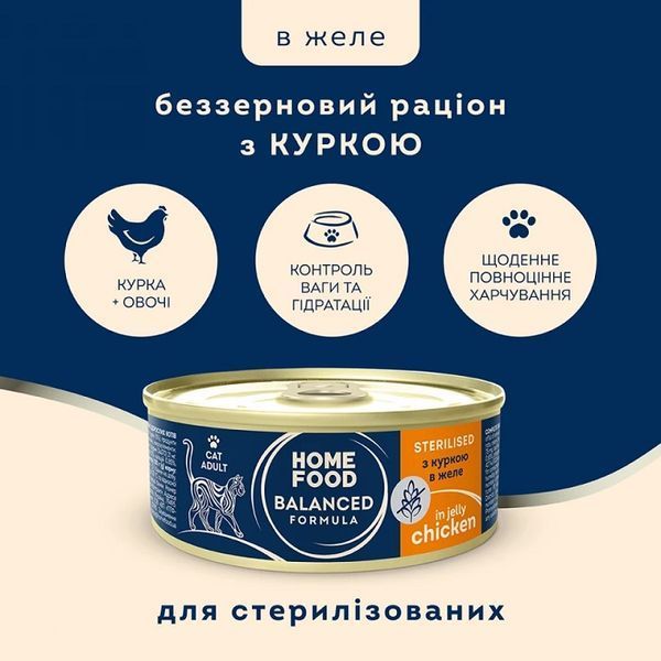 Консервований корм Home Food для стерилізованих/кастрованих дорослих котів з куркою в желе (85г) 4820290092624 фото